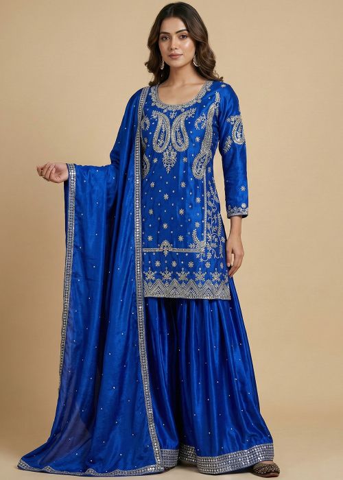 Royal Blue Chiffon Sharara Suit With Silver Work