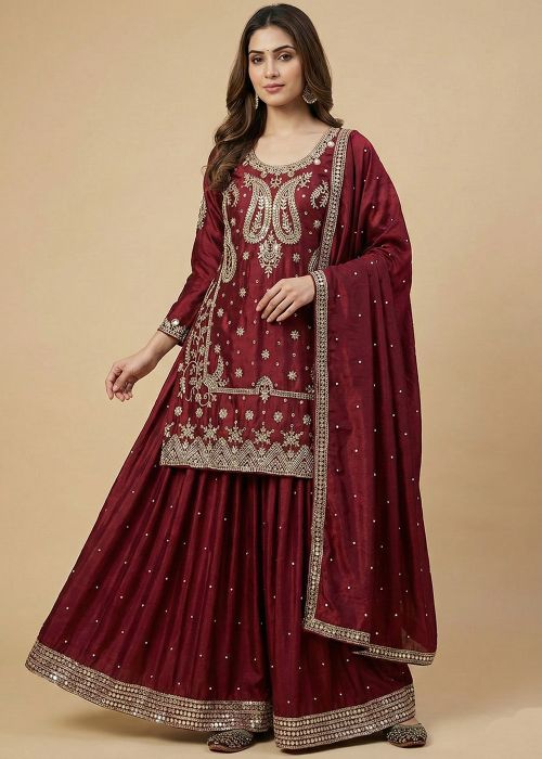 Wine Chiffon Sharara Suit With Sequins Accents