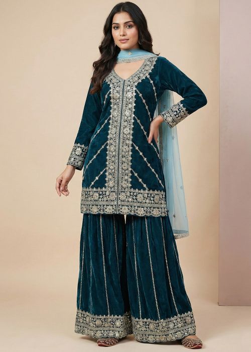 Teal Blue Velvet Sharara Suit With Thread Embroidery