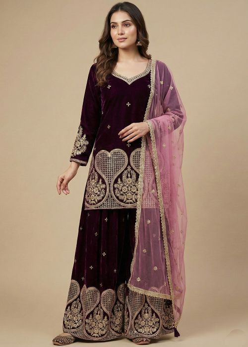 Wine Velvet Sharara Suit With Thread Embroidery