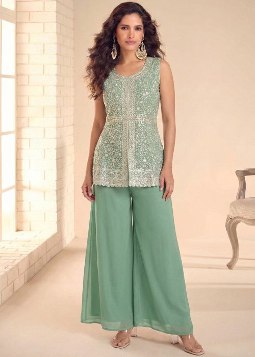 Pastel Green Georgette Palazzo Suit With Thread Work