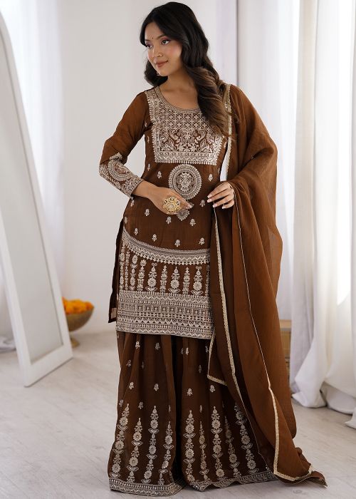Brown Art Silk Sharara Suit With Thread Embroidery