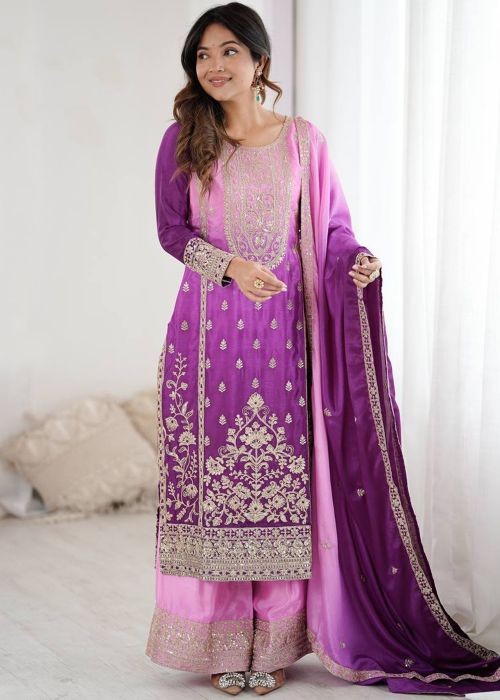 Purple Chiffon Palazzo Suit With Zari Embroidery