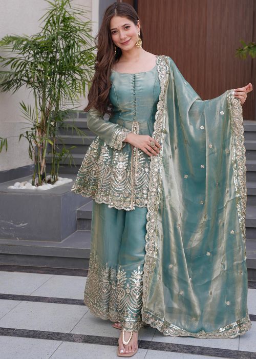 Blue Art Silk Palazzo Suit With Mirror Work