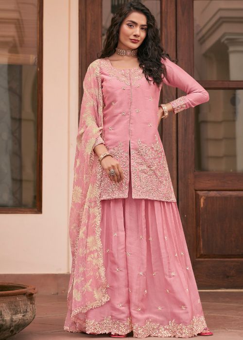 Pink Silk Sharara Suit With Zari Embroidery