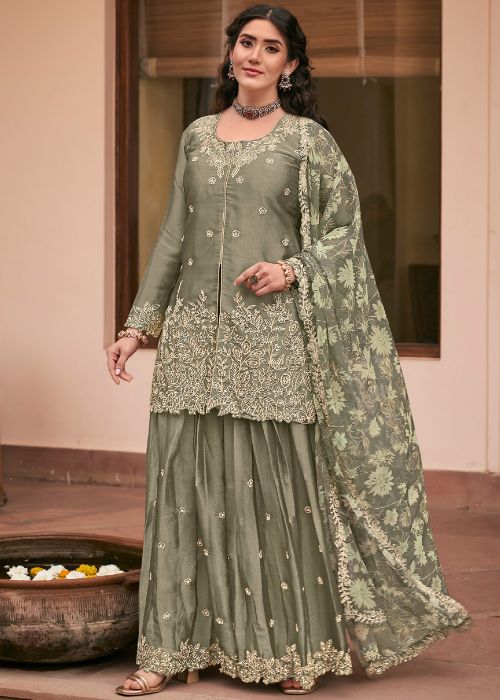 Green Silk Sharara Suit With Floral Zari