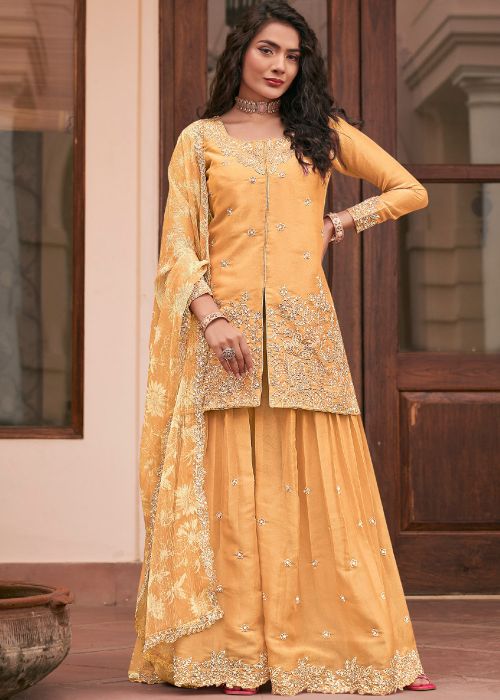 Yellow Silk Sharara Suit With Embroidered Zari