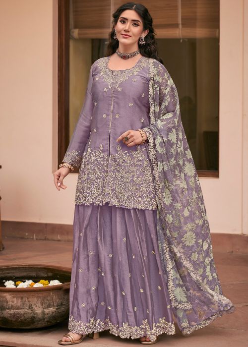 Lavender Silk Sharara Suit With Delicate Zari