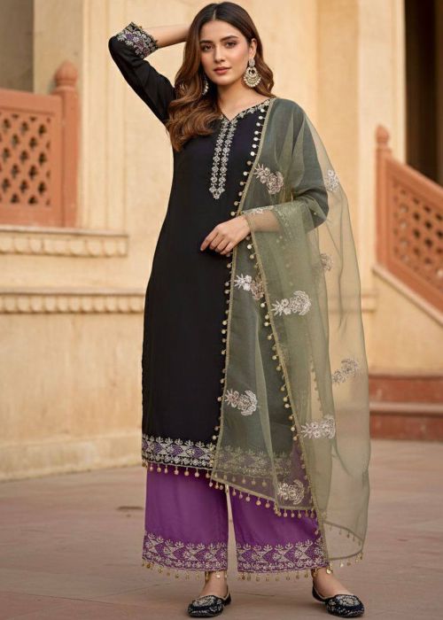 Black Art Silk Palazzo Suit With Thread Work