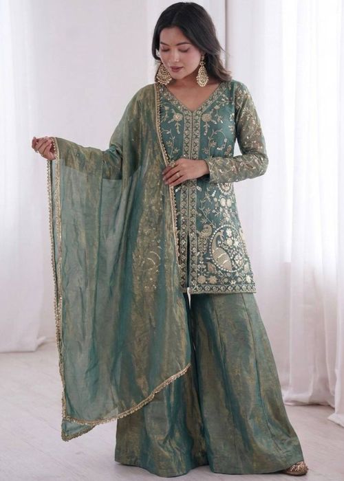 Turquoise Art Silk Palazzo Suit With Zari Work
