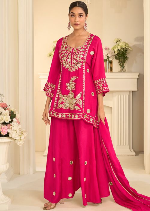 Pink Chiffon Sharara Suit With Mirror Work