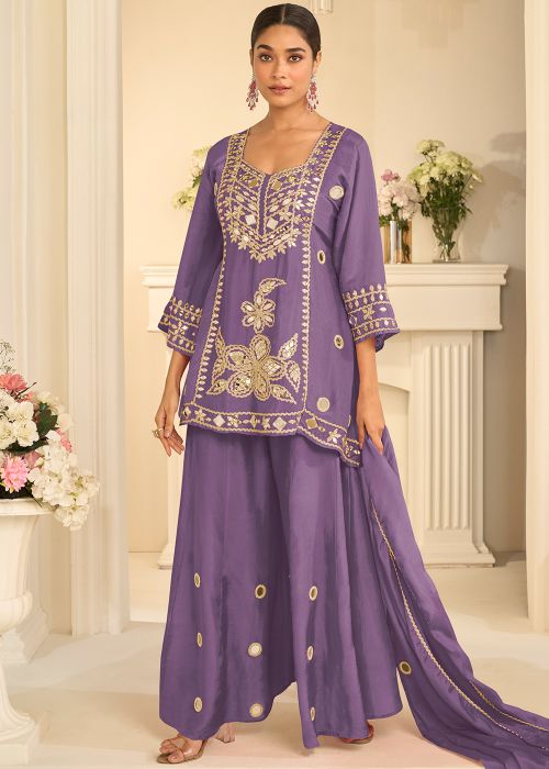 Purple Chiffon Sharara Suit With Dori Work