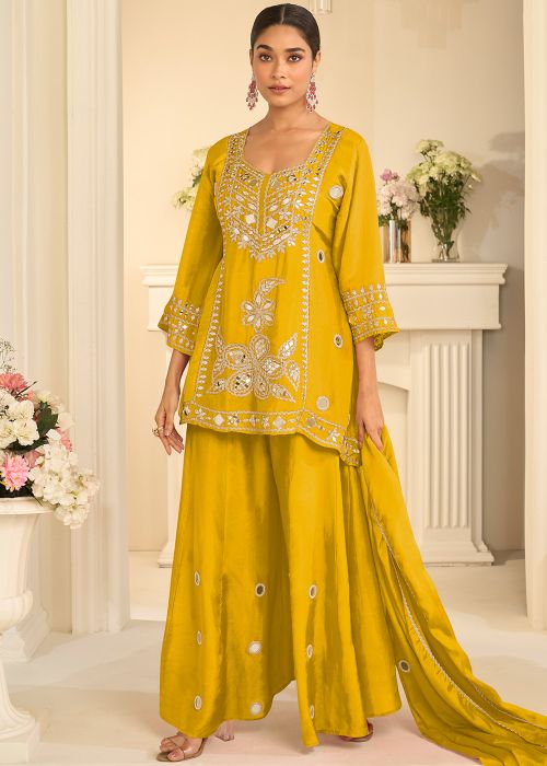 Yellow Chiffon Sharara Suit With Mirror Motifs