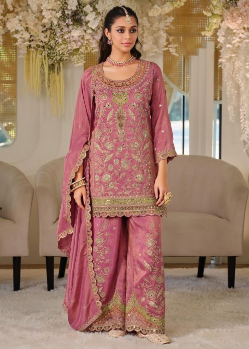 Pink Chiffon Palazzo Suit With Zari Sequins