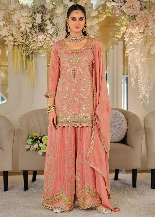 Peach Chiffon Palazzo Suit With Embroidered Yoke