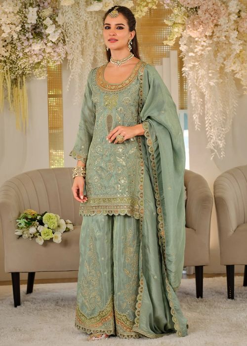 Green Chiffon Palazzo Suit With Zari Work