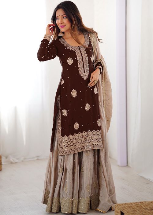 Brown Chiffon Sharara Suit With Dori Work