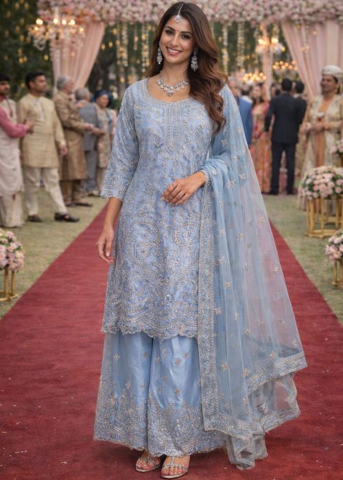 Powder Blue Net Sharara Suit With Bead Work