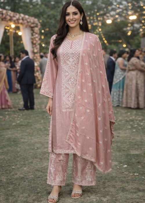 Blush Pink Chiffon Pant Suit With Sequin Embroidery