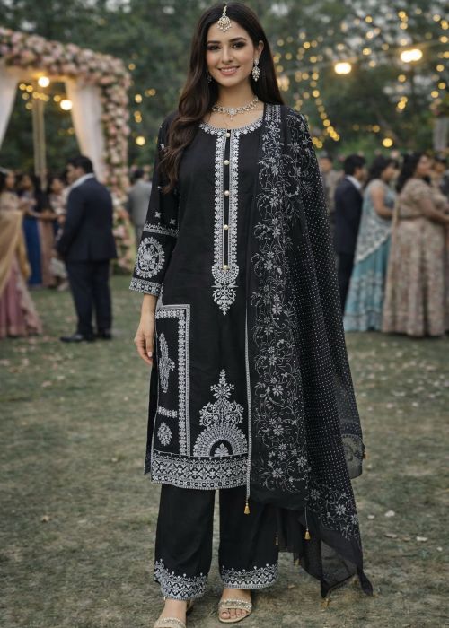 Black Chiffon Pant Suit With Thread Work