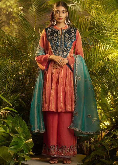 Coral Orange Organza Palazzo Suit With Teal Yoke