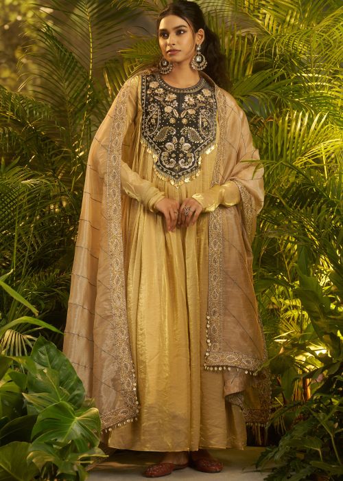 Golden Organza Anarkali Suit With Black Yoke