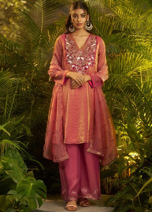 Rose Pink Organza Palazzo Suit With Embellished Yoke