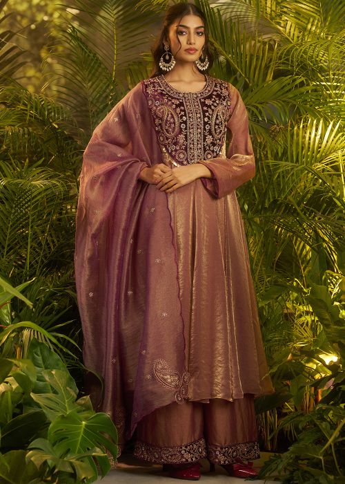 Mauve Purple Organza Palazzo Suit With Embroidered Yoke