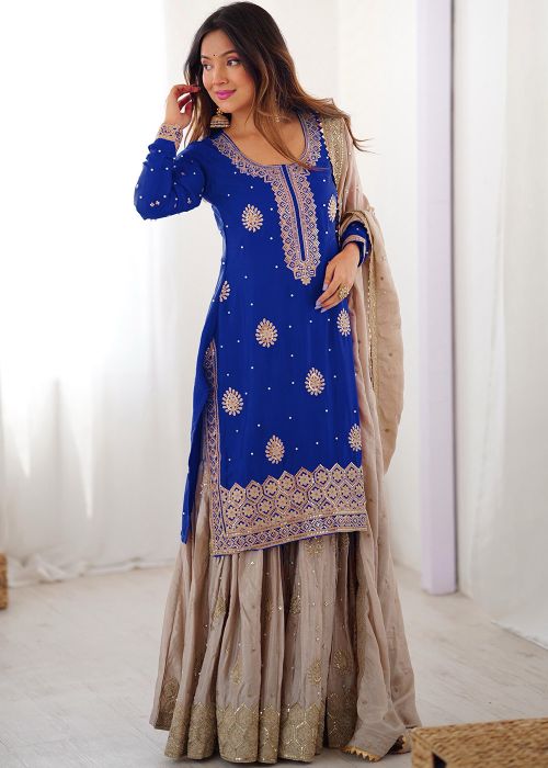 Blue Chiffon Sharara Suit With Beads Work
