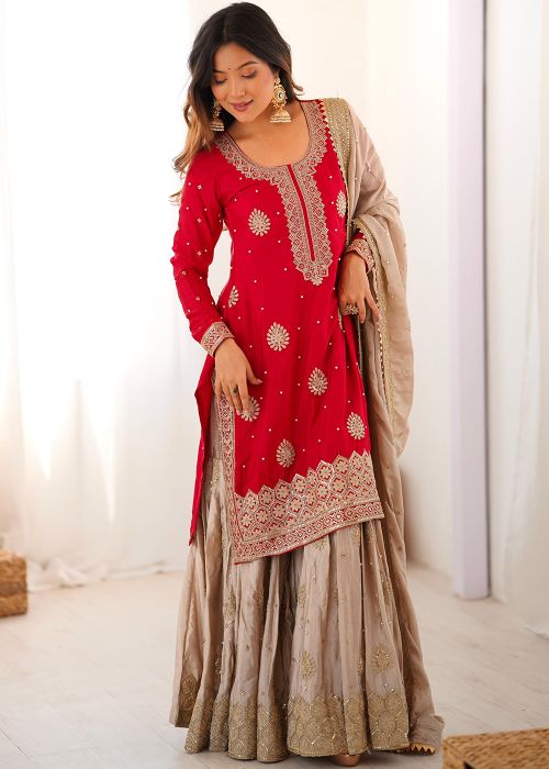 Red Chiffon Sharara Suit With Dori Accents