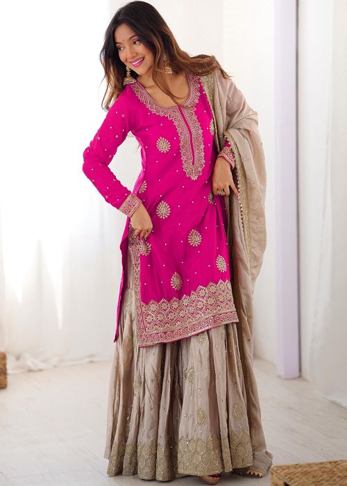 Rani Pink Chiffon Sharara Suit With Embroidered Dori