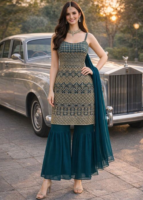 Teal Blue Georgette Gharara Suit With Zari Work