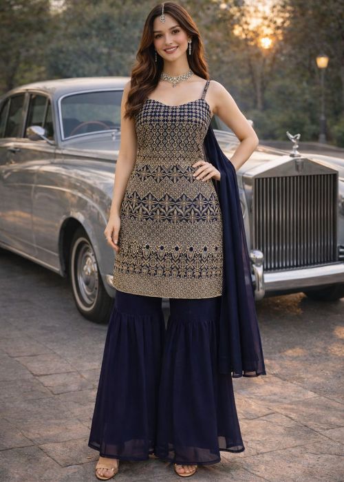 Navy Blue Georgette Gharara Suit With Embroidered Zari
