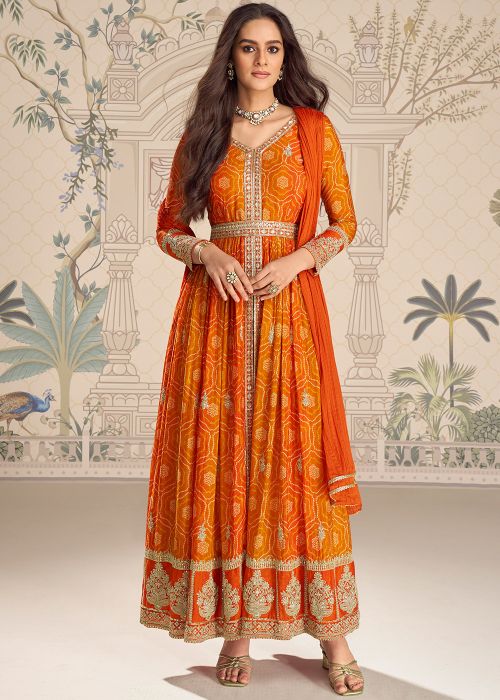 Orange Chiffon Slitted Pant Suit With Bandhej Print