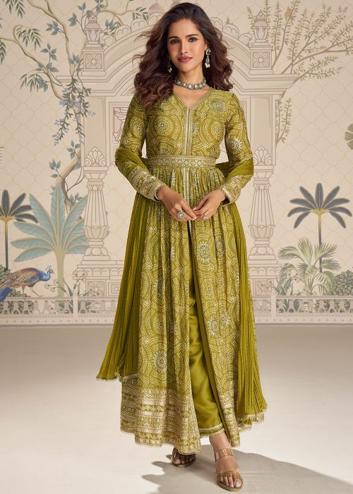Green Chiffon Slit Pant Suit With Bandhani Print