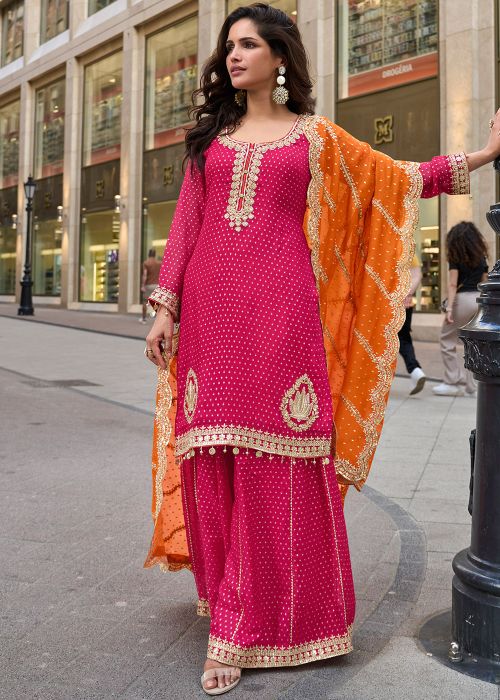 Pink Viscose Palazzo Suit With Contrast Dupatta