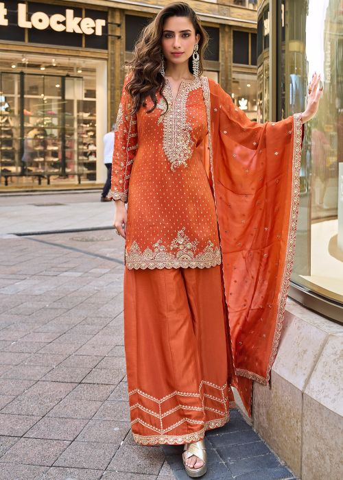 Orange Viscose Palazzo Suit With Woven Work