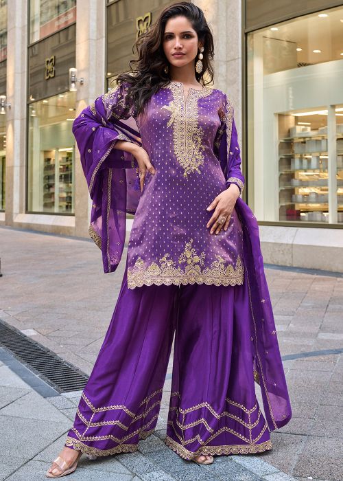 Purple Viscose Palazzo Suit With Zari Border Work