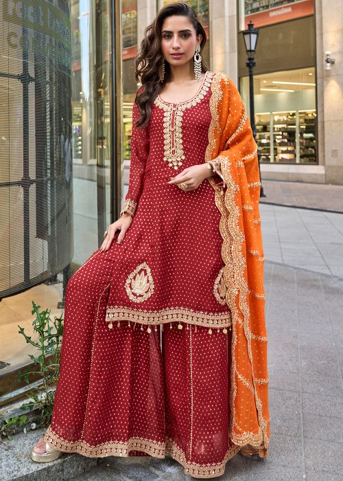 Red Viscose Palazzo Suit With Zari Detailing