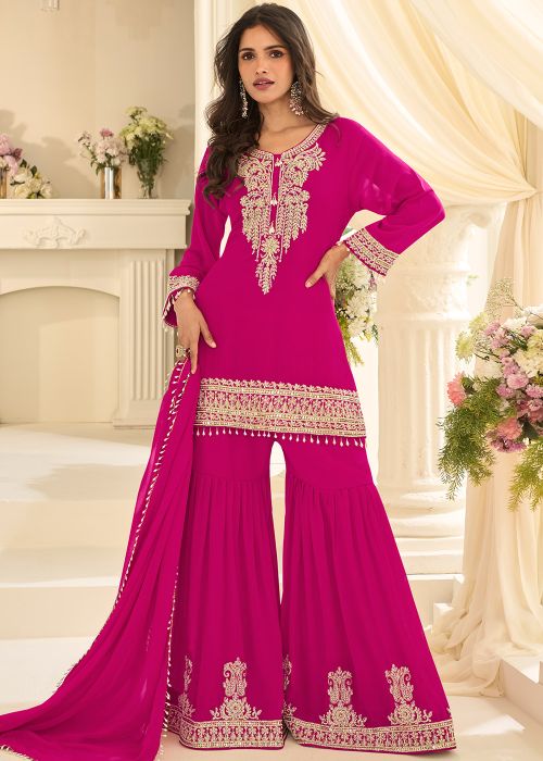 Magenta Georgette Gharara Suit With Bead Work