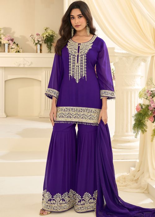 Royal Purple Georgette Gharara Suit With Dori Work