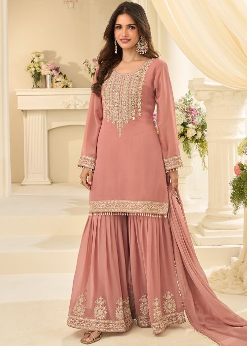 Peach Georgette Gharara Suit With Beaded Panel