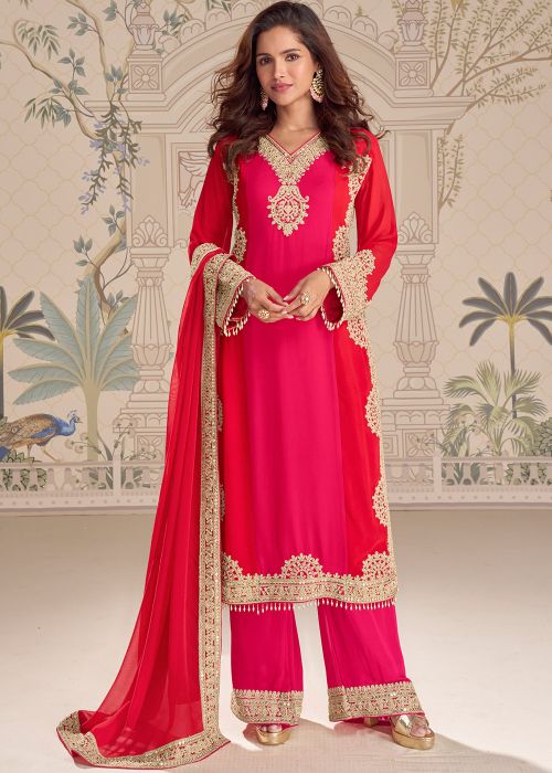 Red Georgette Palazzo Suit With Beaded V-Yoke