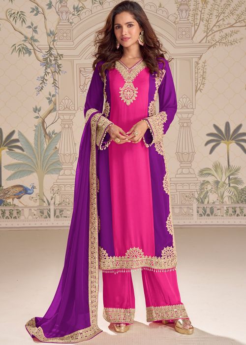 Pink & Purple Georgette Palazzo Suit With Dupatta
