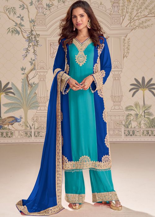 Blue Georgette Palazzo Suit With Dori Work