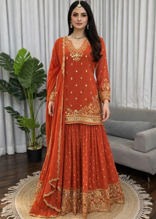 Orange Georgette Sharara Suit With Sequins Work