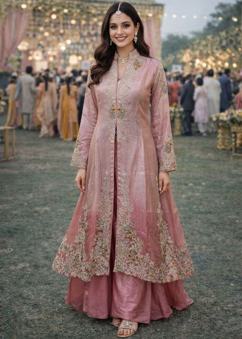 Pink Organza Slit Style Suit With Zari Work