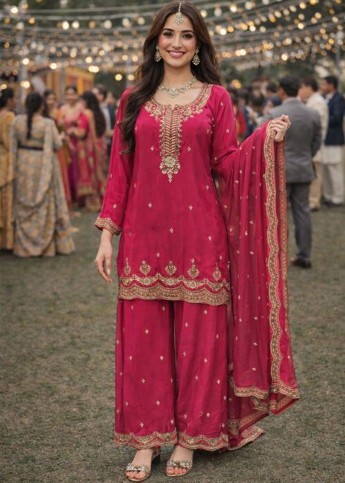 Pink Viscose Palazzo Suit With Zari Work