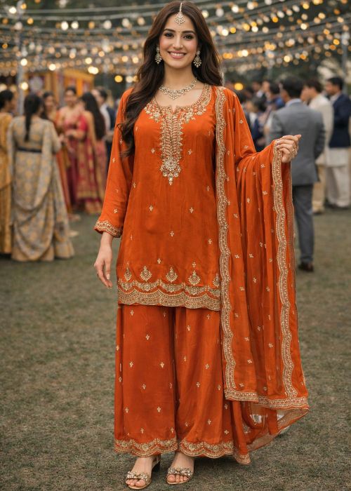 Orange Viscose Palazzo Suit With Sequins Accents