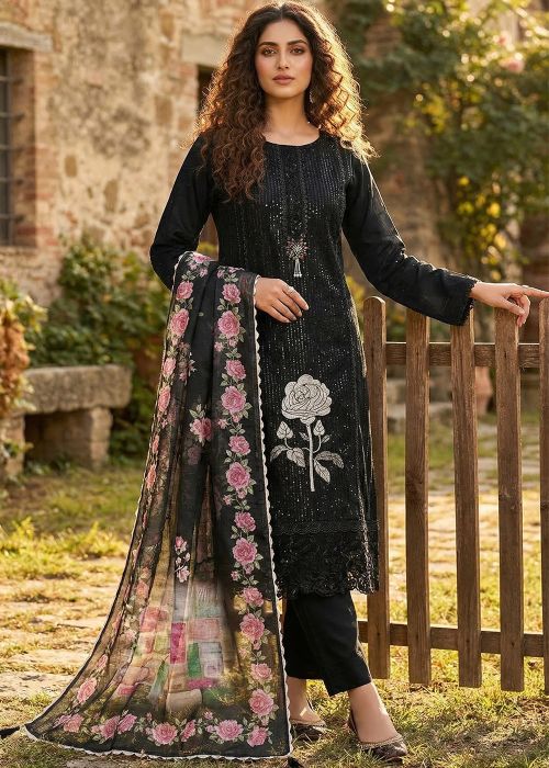 Black Art Silk Suit With Rose Border Dupatta